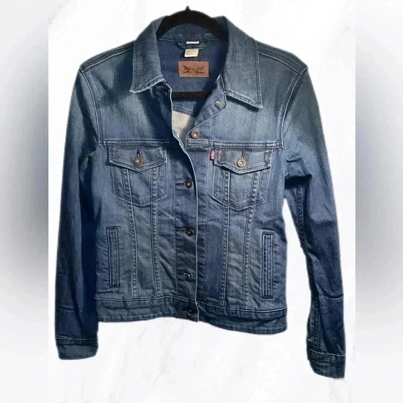 Levi’s Straus 4 pocket medium wash long sleeve slim  fit denim trucker jacket S - Picture 2 of 8
